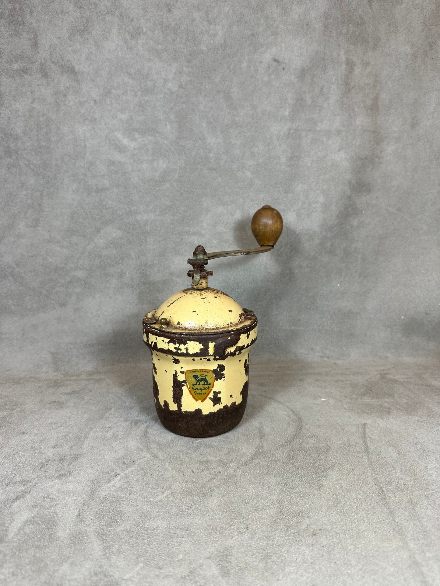 Peugeot Frères vintage beige sheet metal coffee grinder Made in France