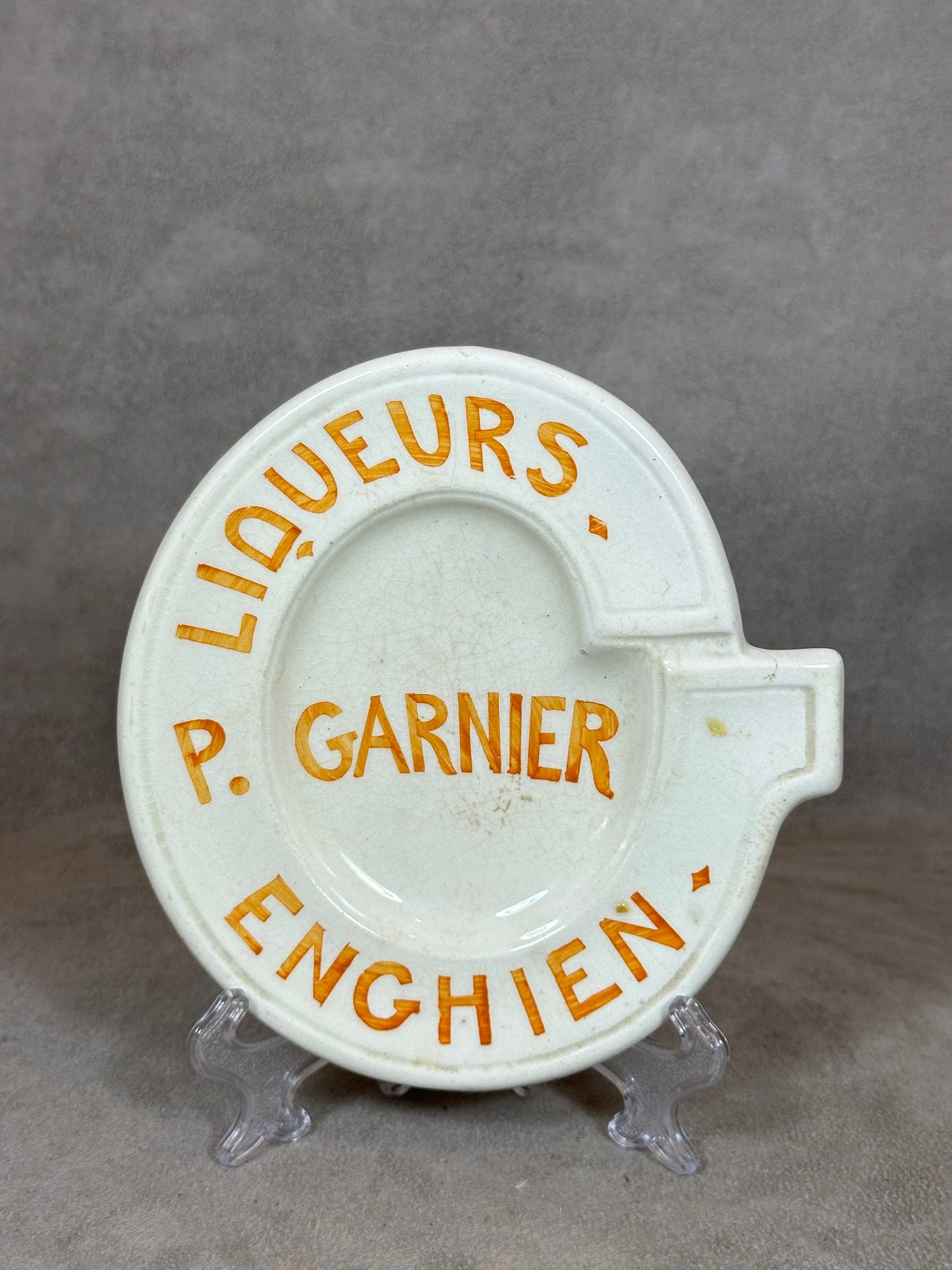 Werbeaschenbecher aus Steingut, Garnier Liqueurs P. Enghien, von St Clément Made in France, Vintage 1980