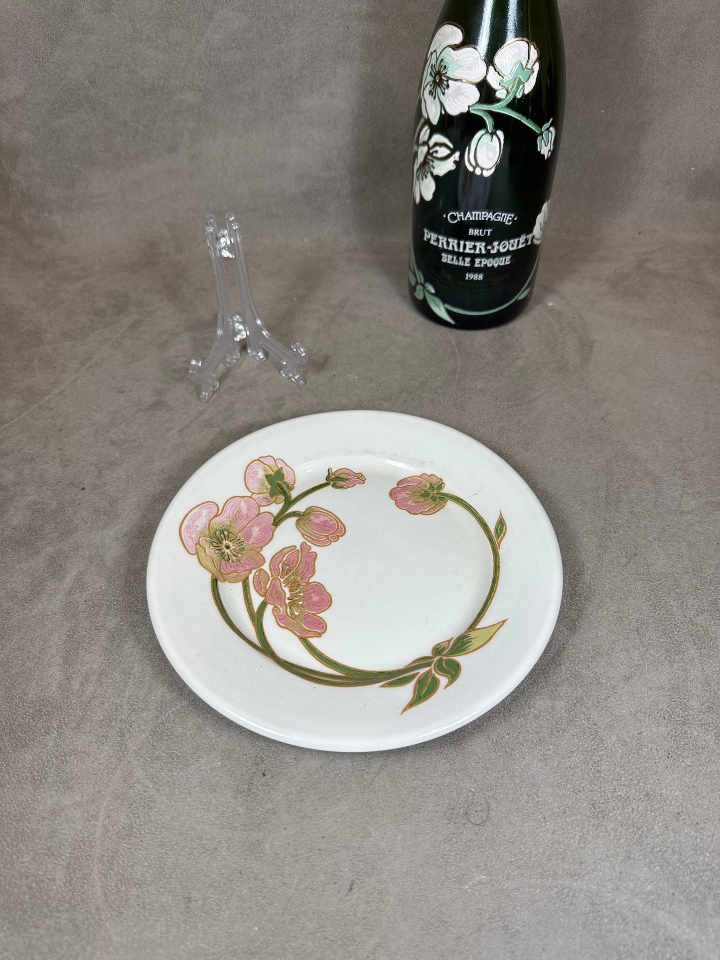 Earthenware Plate by FD Chauvigny, Belle Epoque Flower Perrier Jouët, Made in France, Vintage 1970