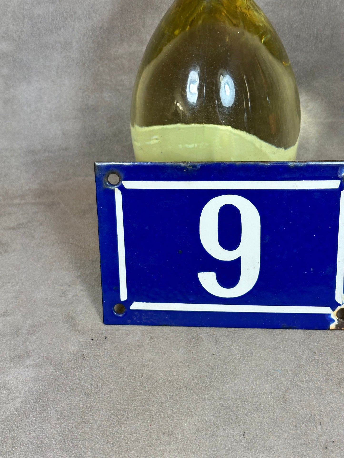 RARE Vintage French Town Street Sign Number 9 in Blue Enameled Sheet Metal. Made in France 1950