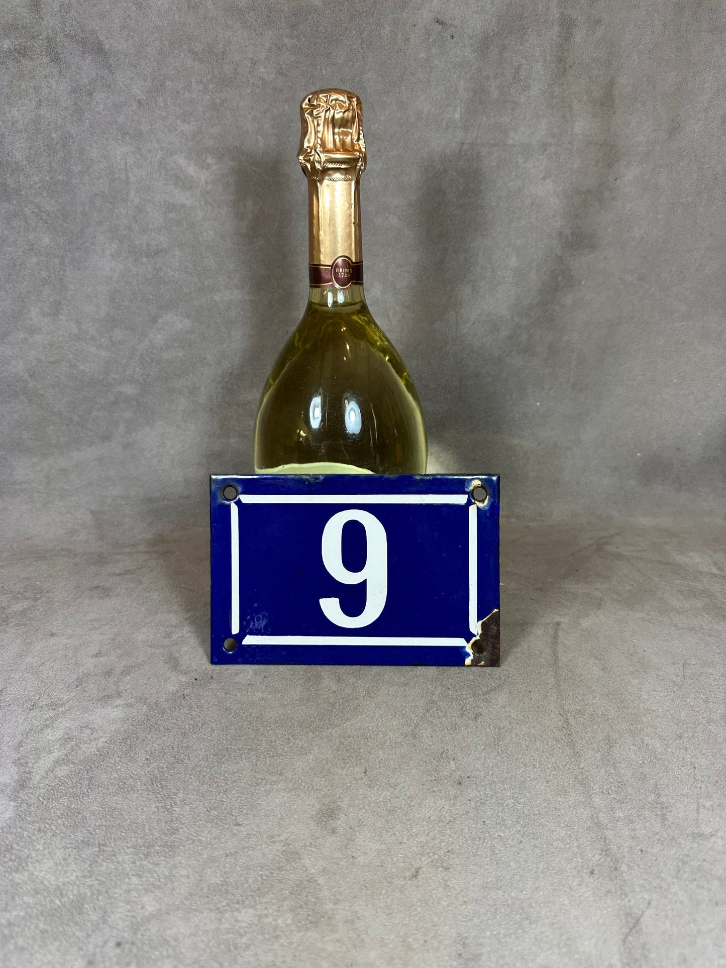 RARE Vintage French Town Street Sign Number 9 in Blue Enameled Sheet Metal. Made in France 1950