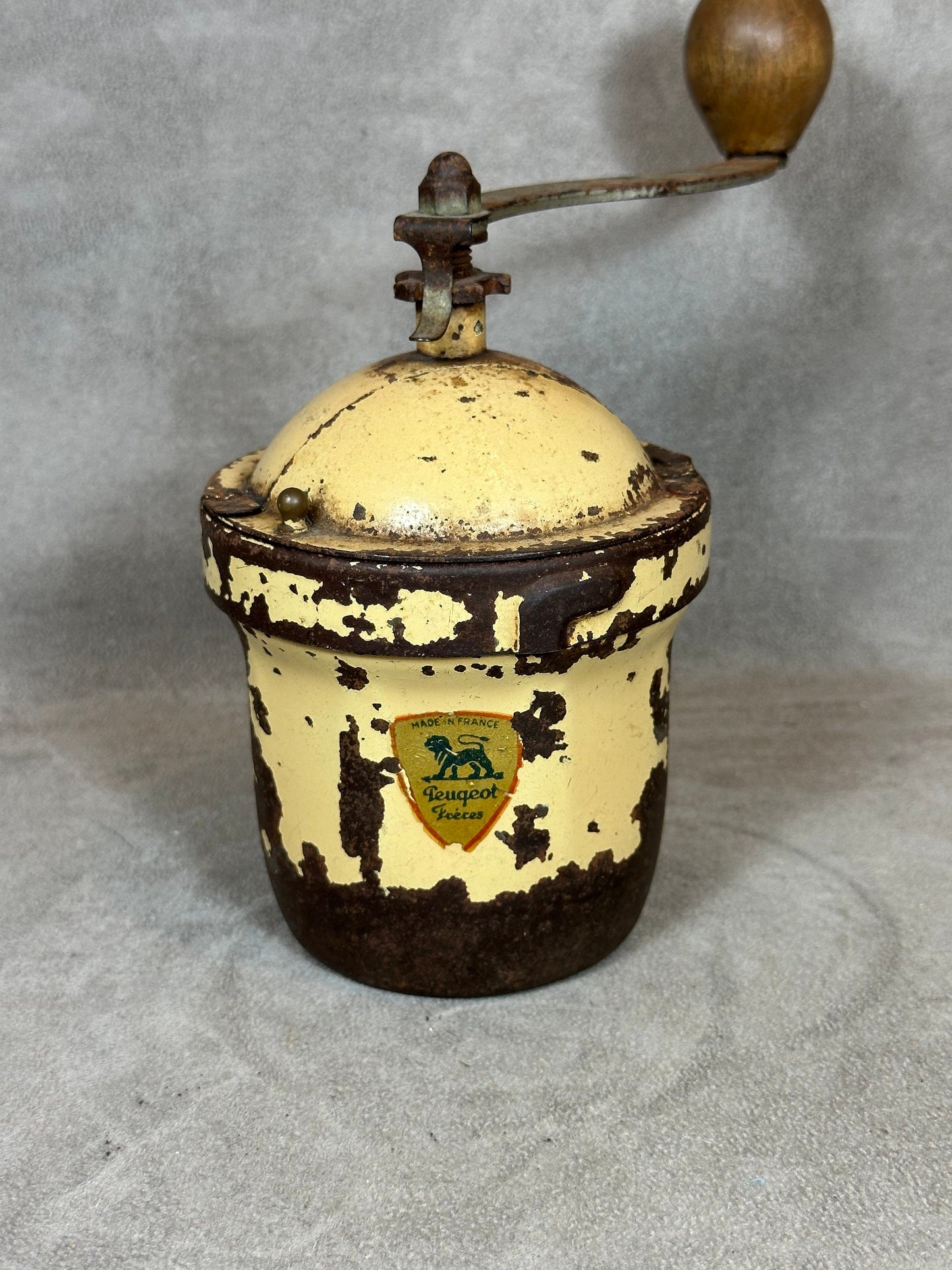 Peugeot Frères vintage beige sheet metal coffee grinder Made in France