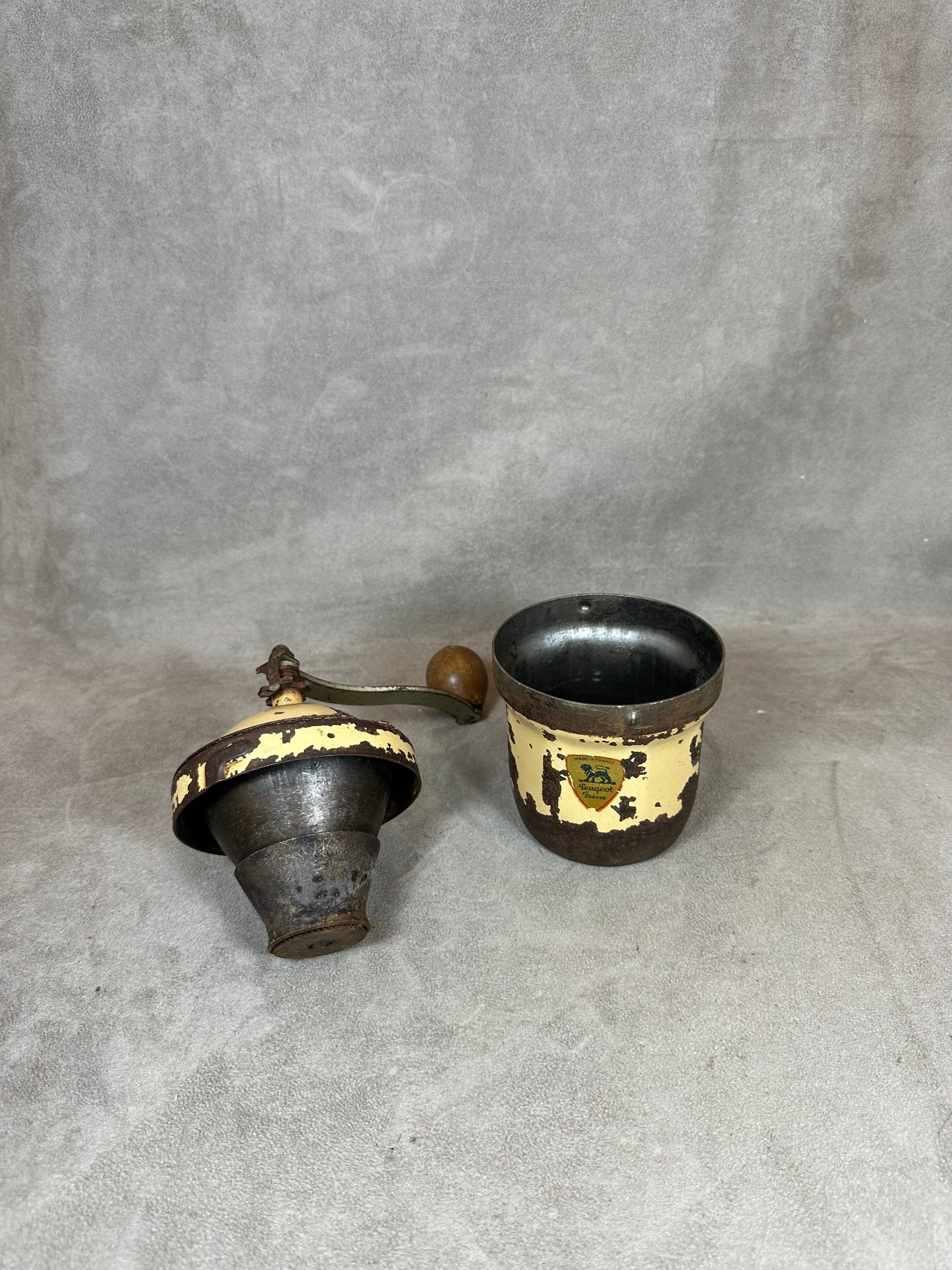 Peugeot Frères vintage beige sheet metal coffee grinder Made in France