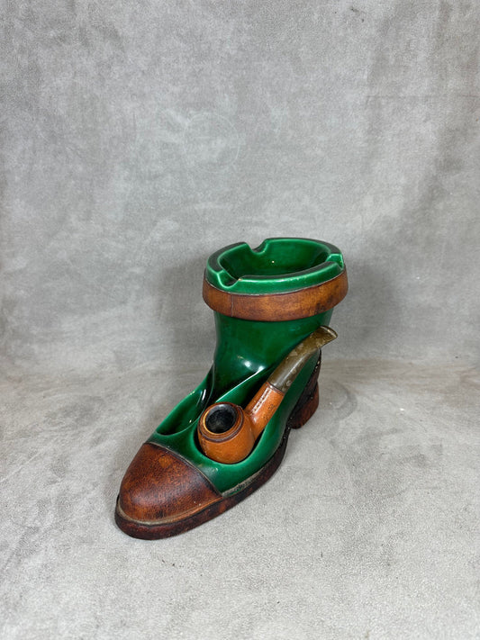 RARE Tobacco pot, Ashtray and Pipe holder in Earthenware, in the shape of a Boot, Made in France, Vintage 1970