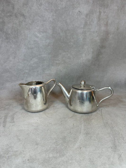 Silver Metal Coffee Pot and Milk Jug Set, Monogram, Goldsmith's Hallmark, Made in France, Vintage 1980
