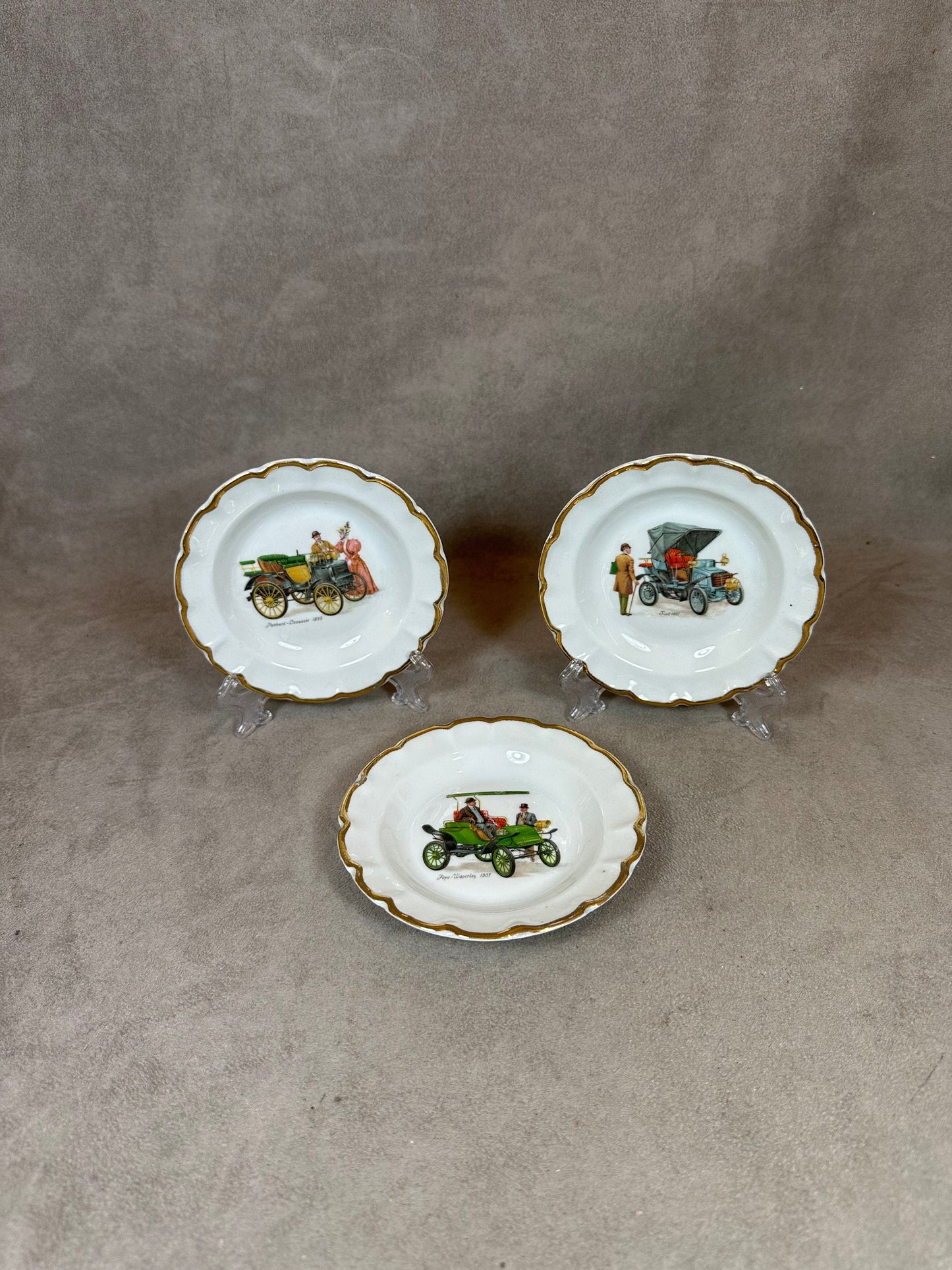 Lot de 3 Cendriers en Porcelaine de Limoges GB, Voitures Pepe Waverley, Panhard Levassor, Fiat, Made in France, Vintage 1970