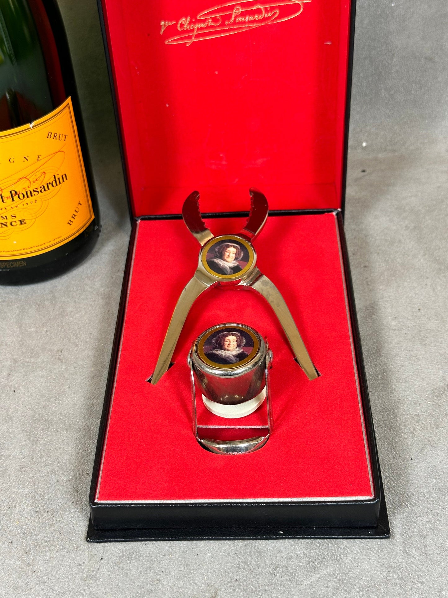 SELTENER Champagnerflaschenverschluss und Clip 1950er Jahre Veuve Clicquot Ponsardin La Grande Dame