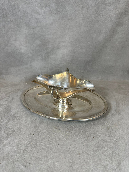 VERY RARE Magnificent sauce boat from the goldsmith Boulenger in silver-plated metal with double spout on solid frame with vintage handle Made in France