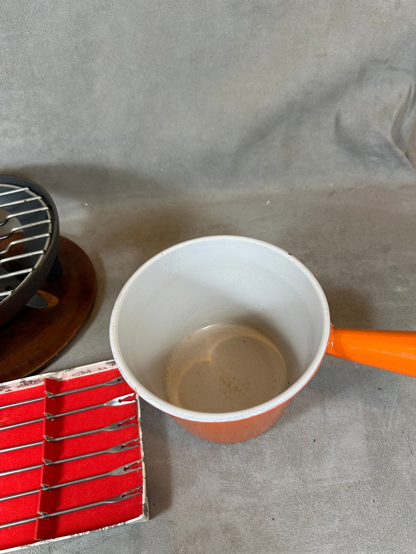 Vintage enameled cast iron fondue set with 6 forks Le Creuset Made in France