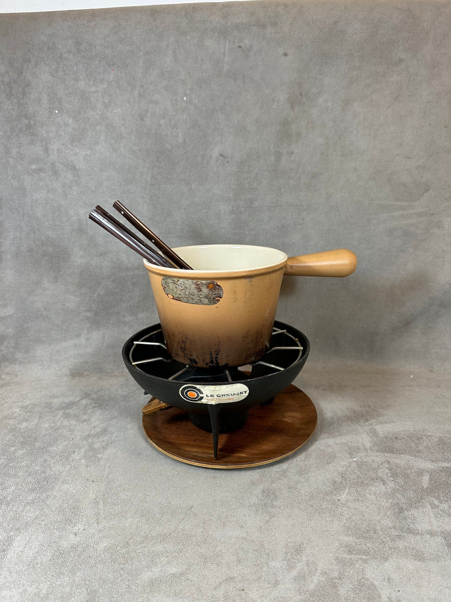 Vintage enameled cast iron fondue set with 6 forks Le Creuset Made in France