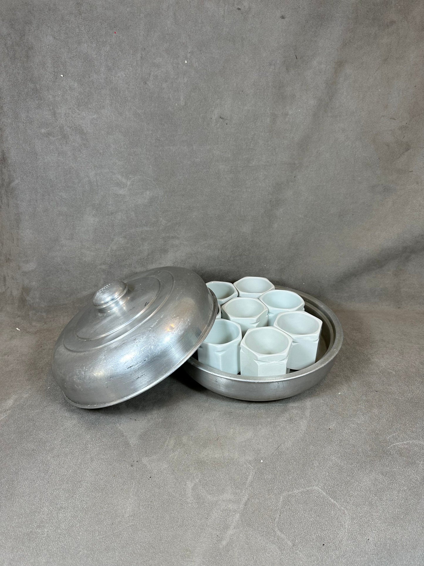 RARE YALACTA aluminum yogurt maker with 7 yogurt pots and 1 vintage ferment pot made in France 1950