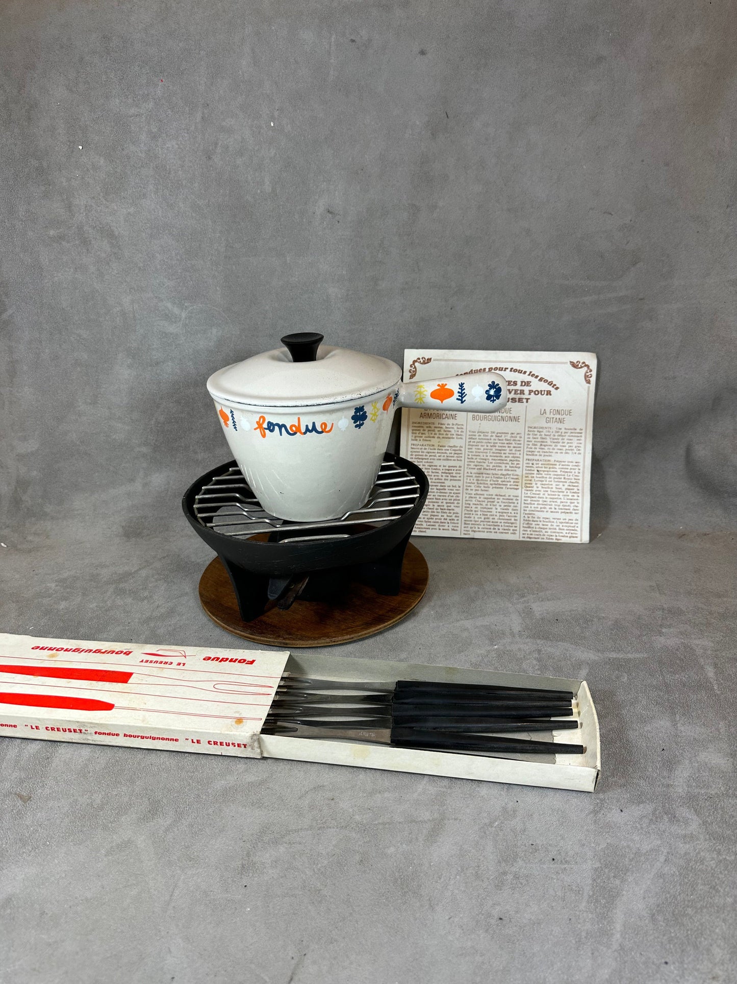 Vintage enameled cast iron fondue set with 6 forks Le Creuset Made in France