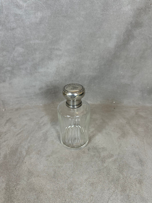 RARE Eau de Cologne perfume bottle in crystal and antique monogrammed solid silver stopper Made in France 1900