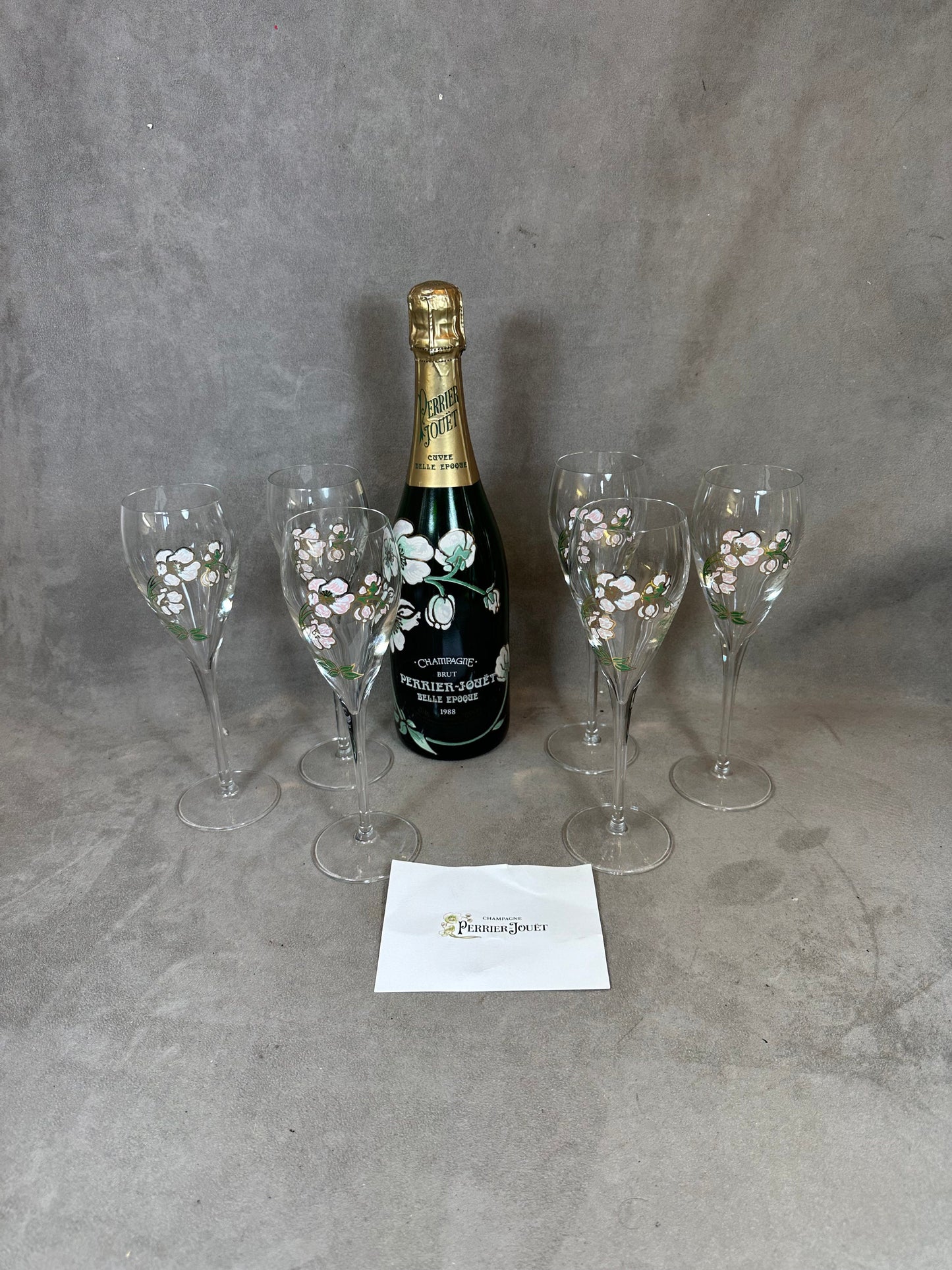 RARE Lot of 6 Perrier-Jouet Belle Epoque glass flutes hand painted with anemone decoration by Emile Gallé Perrier-Jouët 1970s