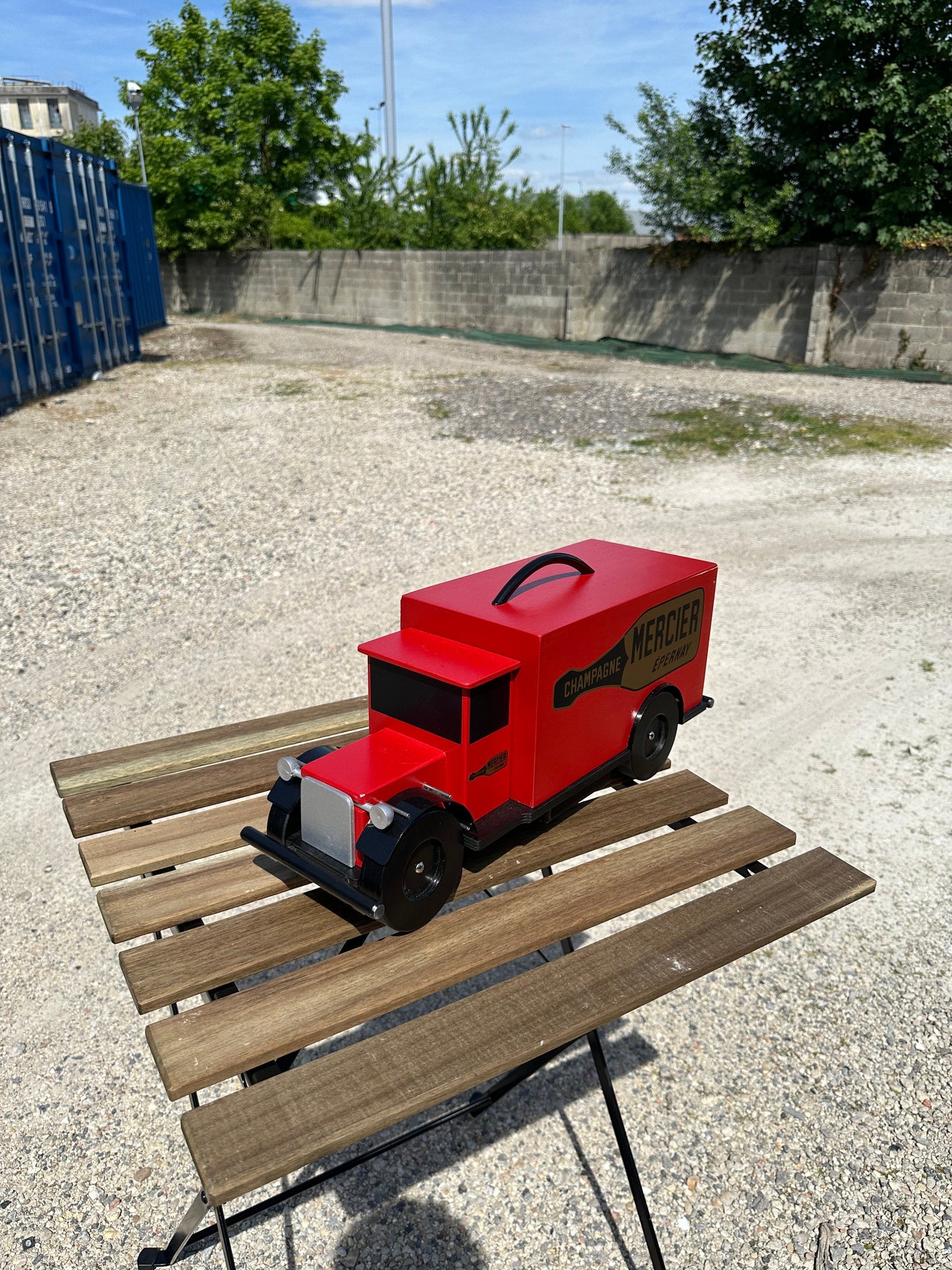 VERY RARE Vintage Champagne Mercier Wooden Truck that can carry a bottle of French Champagne, Champagne Gift Made in France