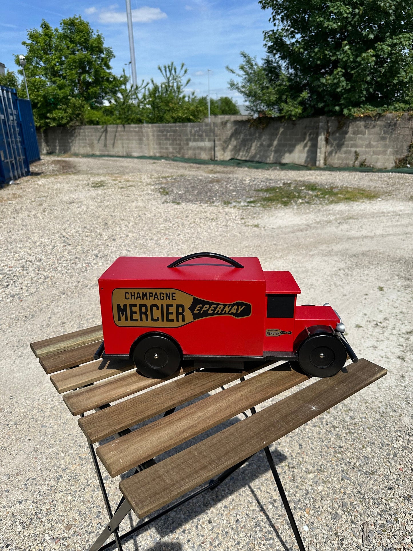 VERY RARE Vintage Champagne Mercier Wooden Truck that can carry a bottle of French Champagne, Champagne Gift Made in France