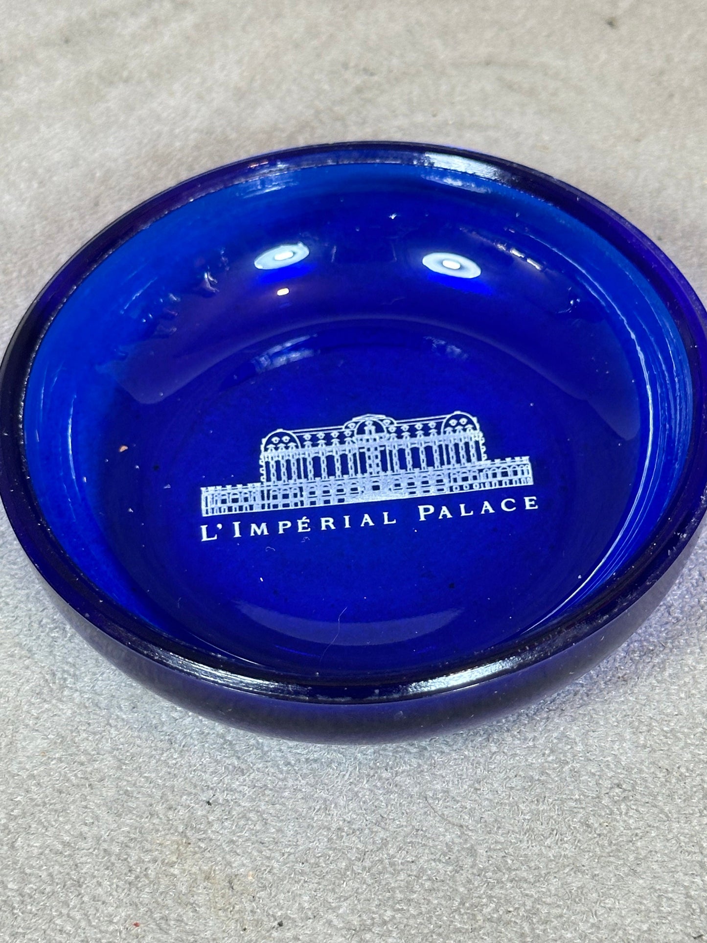 Ashtray from the Hotel Impérial Palace in Annecy in vintage blue glass