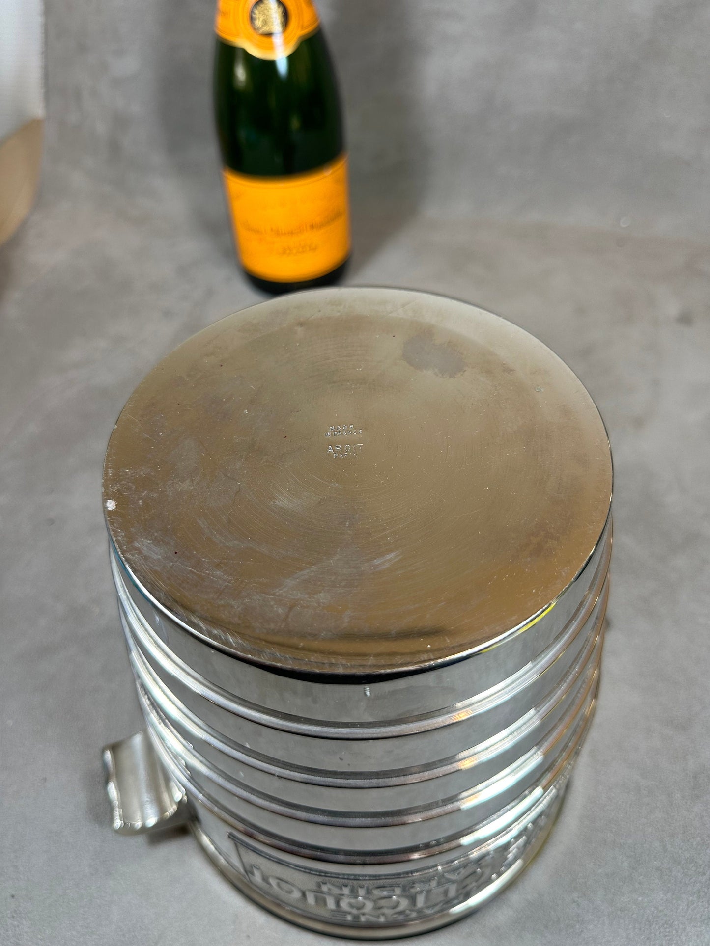 VERY RARE Veuve Clicquot Magnifique seau en métal argenté ARGIT pour bouteille de champagne Made in France