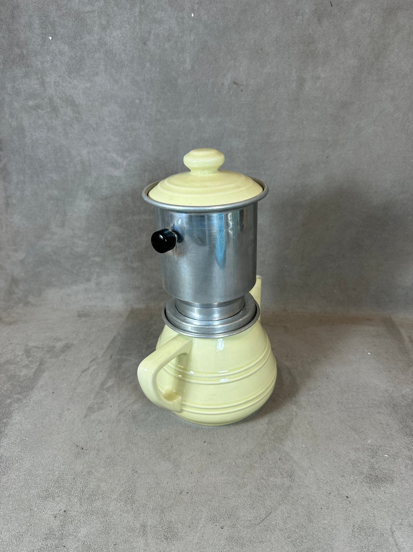 RARE NOMAR silver filter coffee maker on vintage yellow earthenware with details from the 1960s