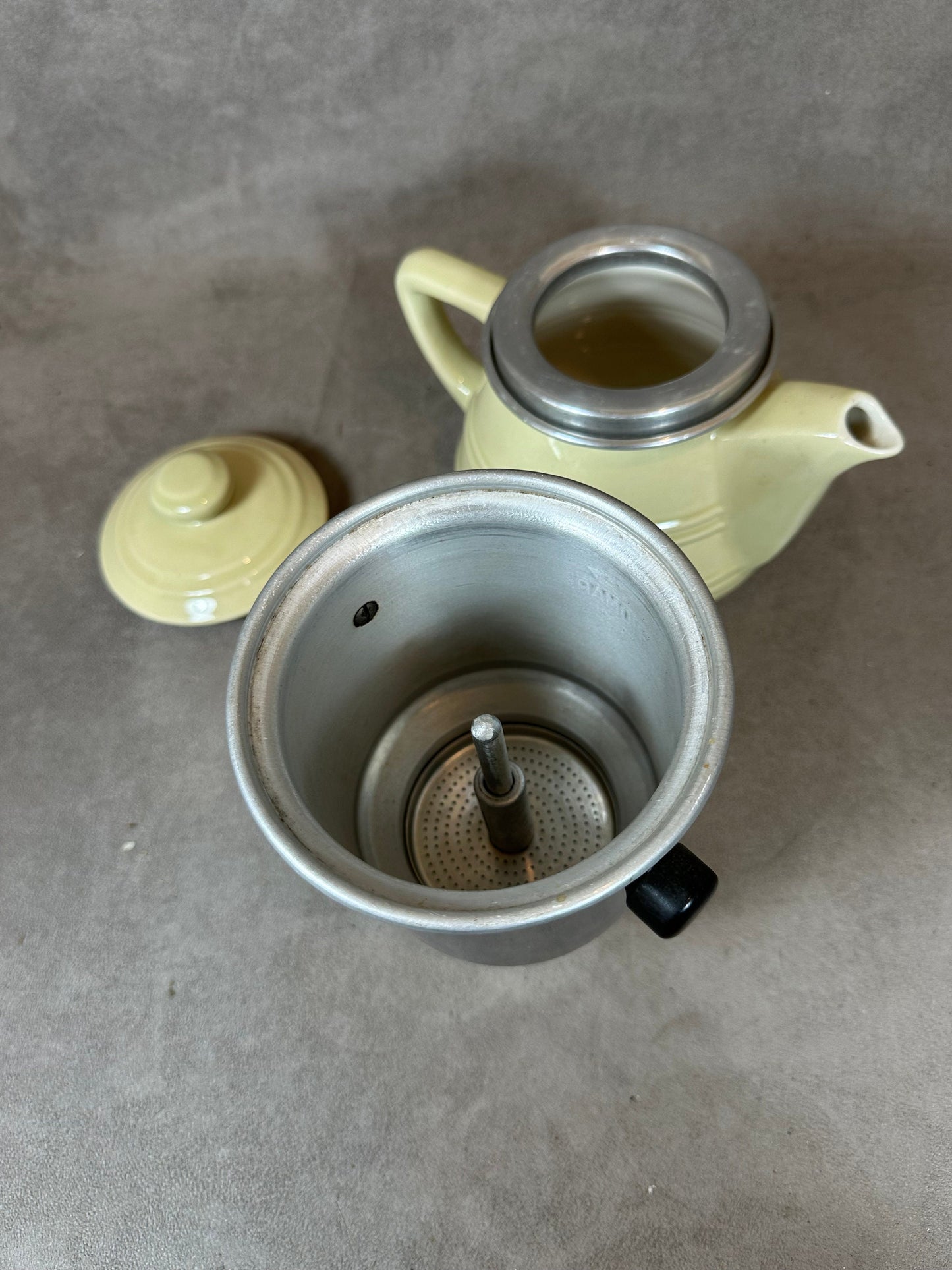 RARE NOMAR silver filter coffee maker on vintage yellow earthenware with details from the 1960s