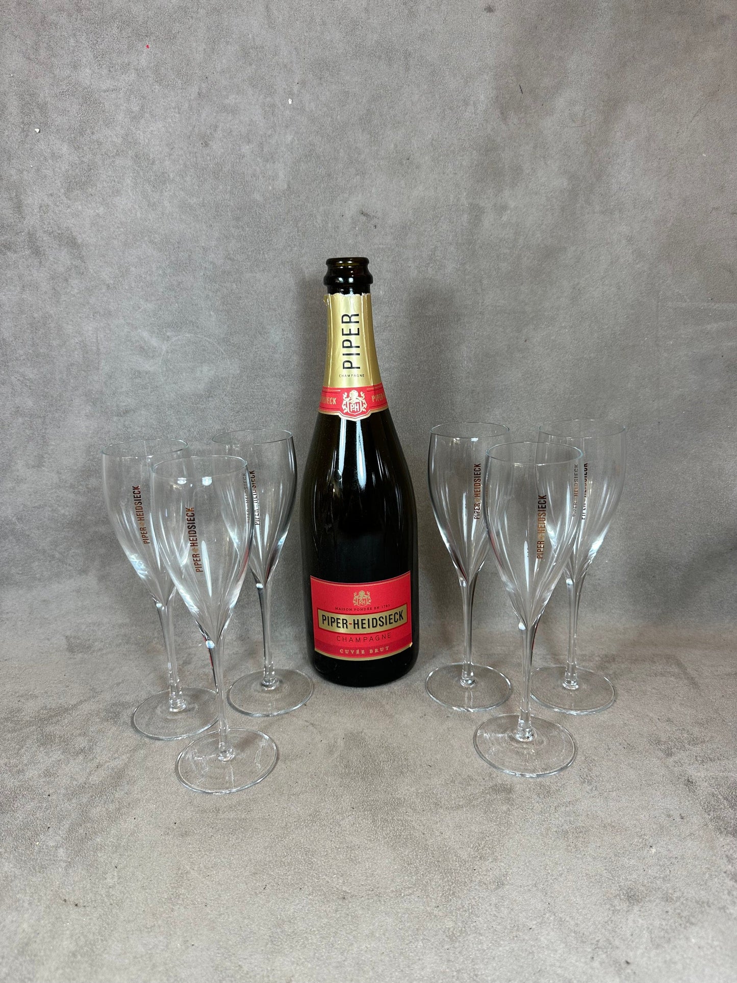 Lot de 6 flûtes à Champagne en verre Piper-Heidsieck Reims Années 1990