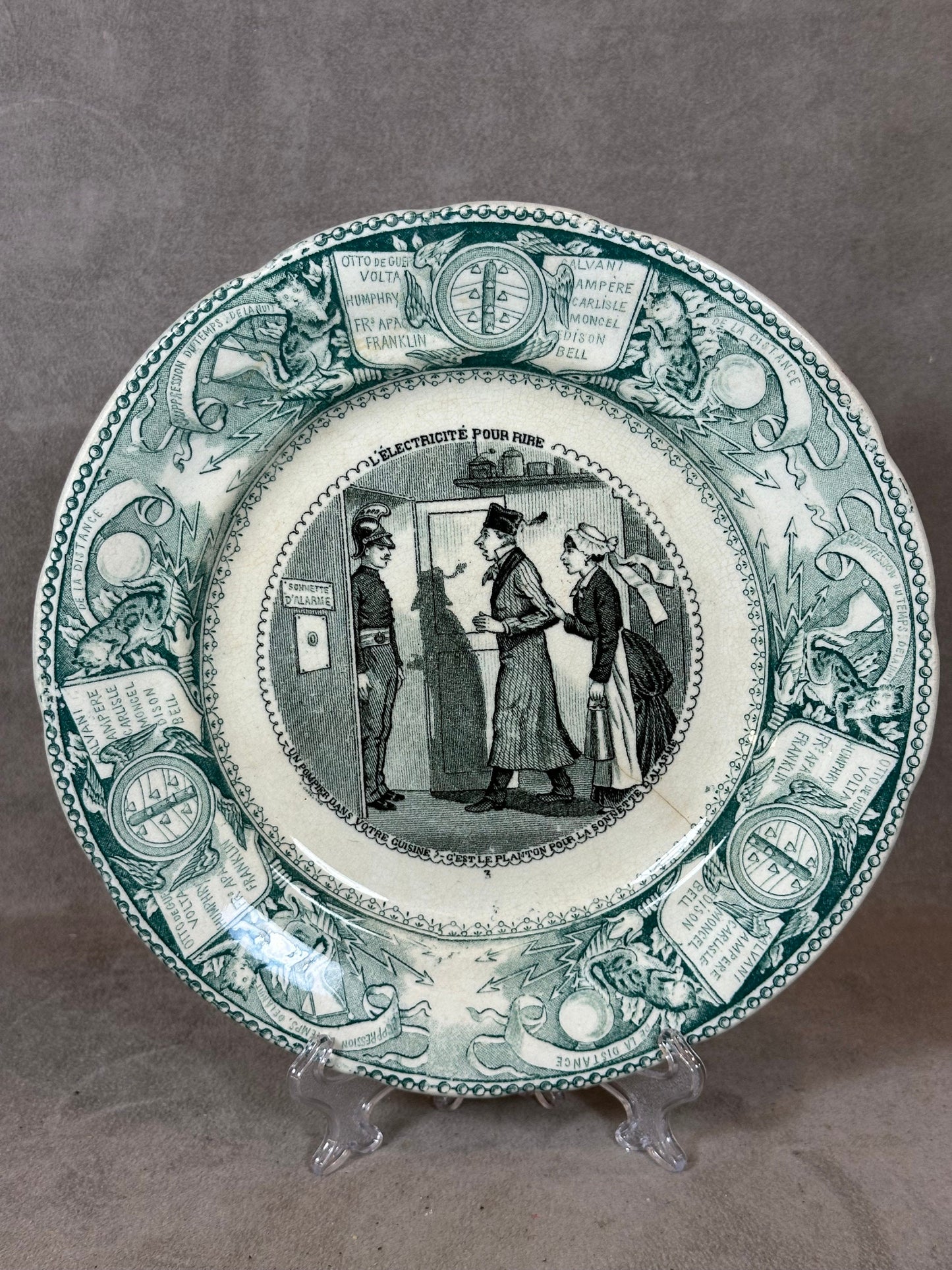 RARE Assiette parlante ancienne J.Vieillard Bordeaux "L'électricité pour rire" XIXème siècle Made in France