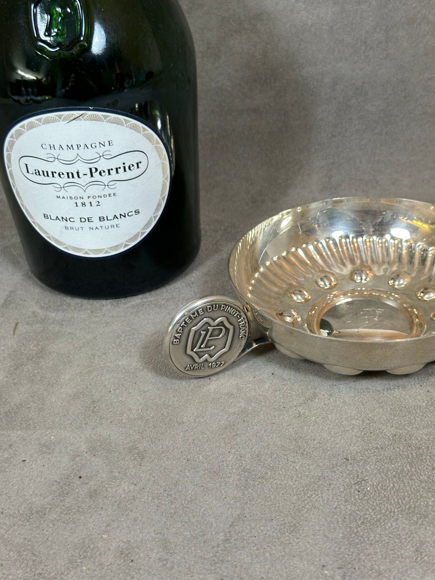 RARE Tastevin XXL en metal argenté champagne Laurent-Perrier vintage made in France