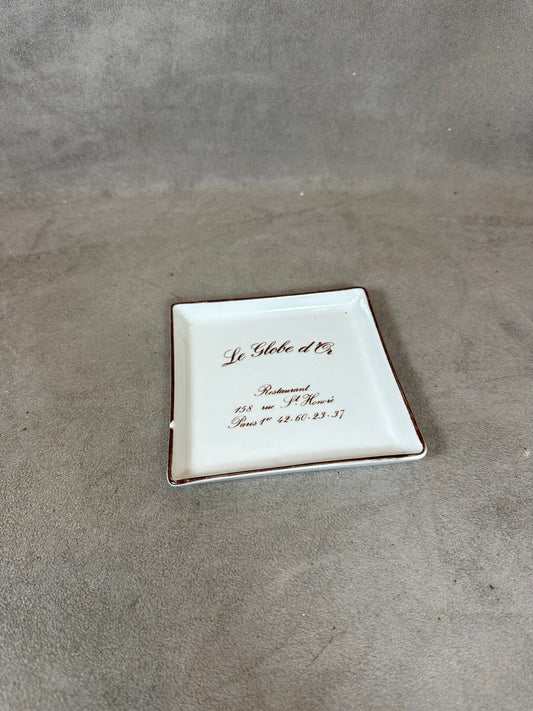 Vintage advertising ashtray from the Le Globe d'Or restaurant in Paris in porcelain, 1970s