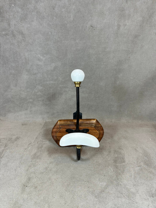 Vintage 60s wood and porcelain wall coat rack