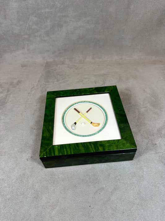 Green wooden box with vintage golf club decoration