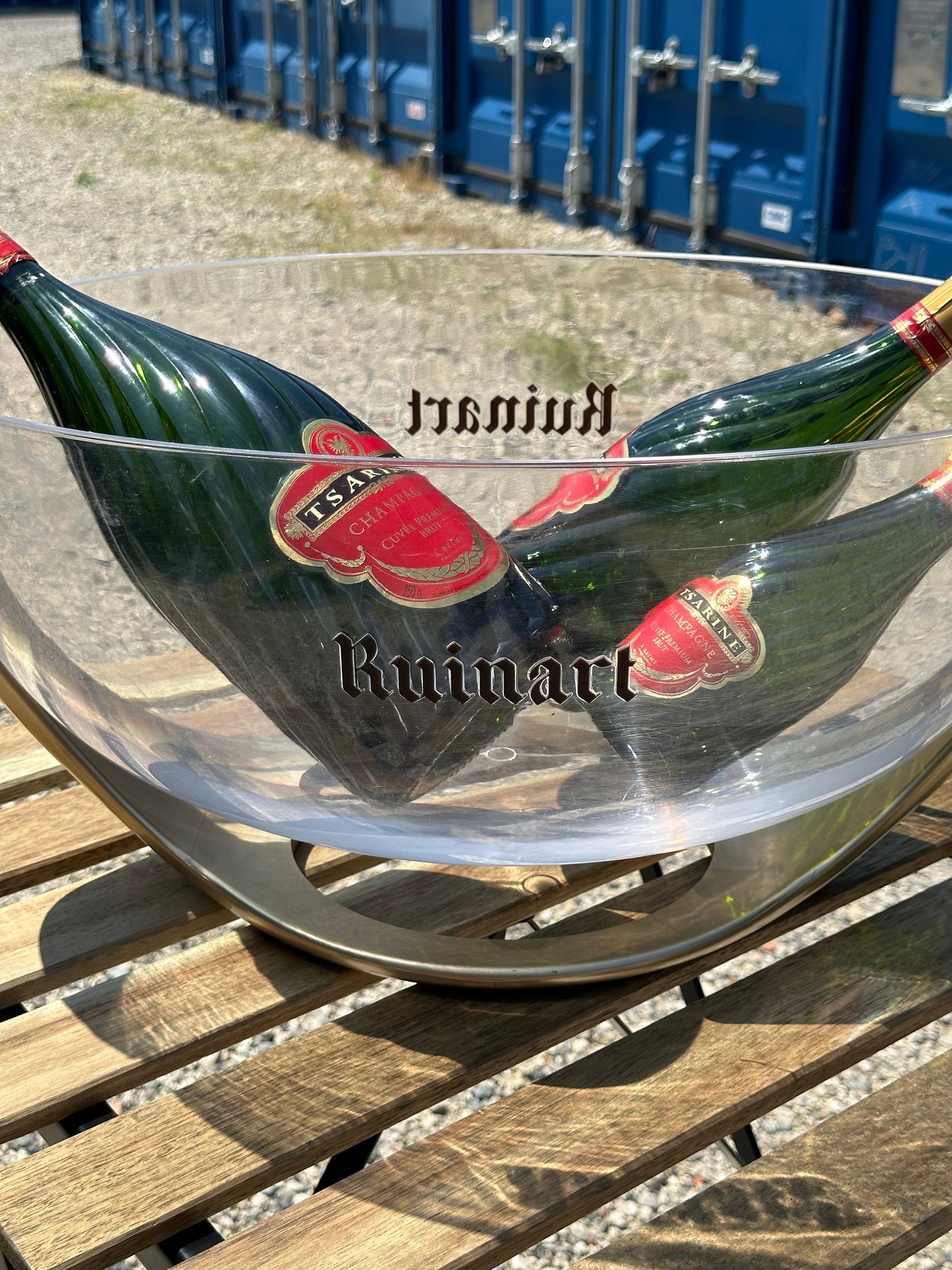 SELTENER Vintage Champagnerkühler aus klarem und goldenem Kunststoff von Ruinart für Champagnerflaschen, Champagnergeschenk, Made in France