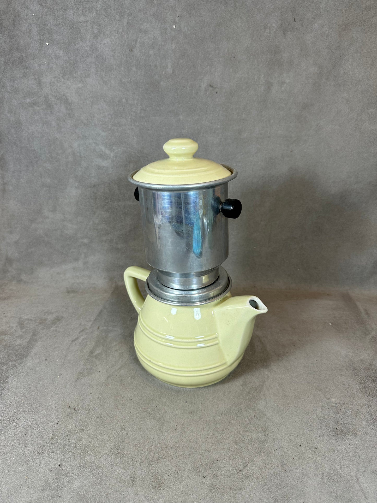 RARE NOMAR silver filter coffee maker on vintage yellow earthenware with details from the 1960s