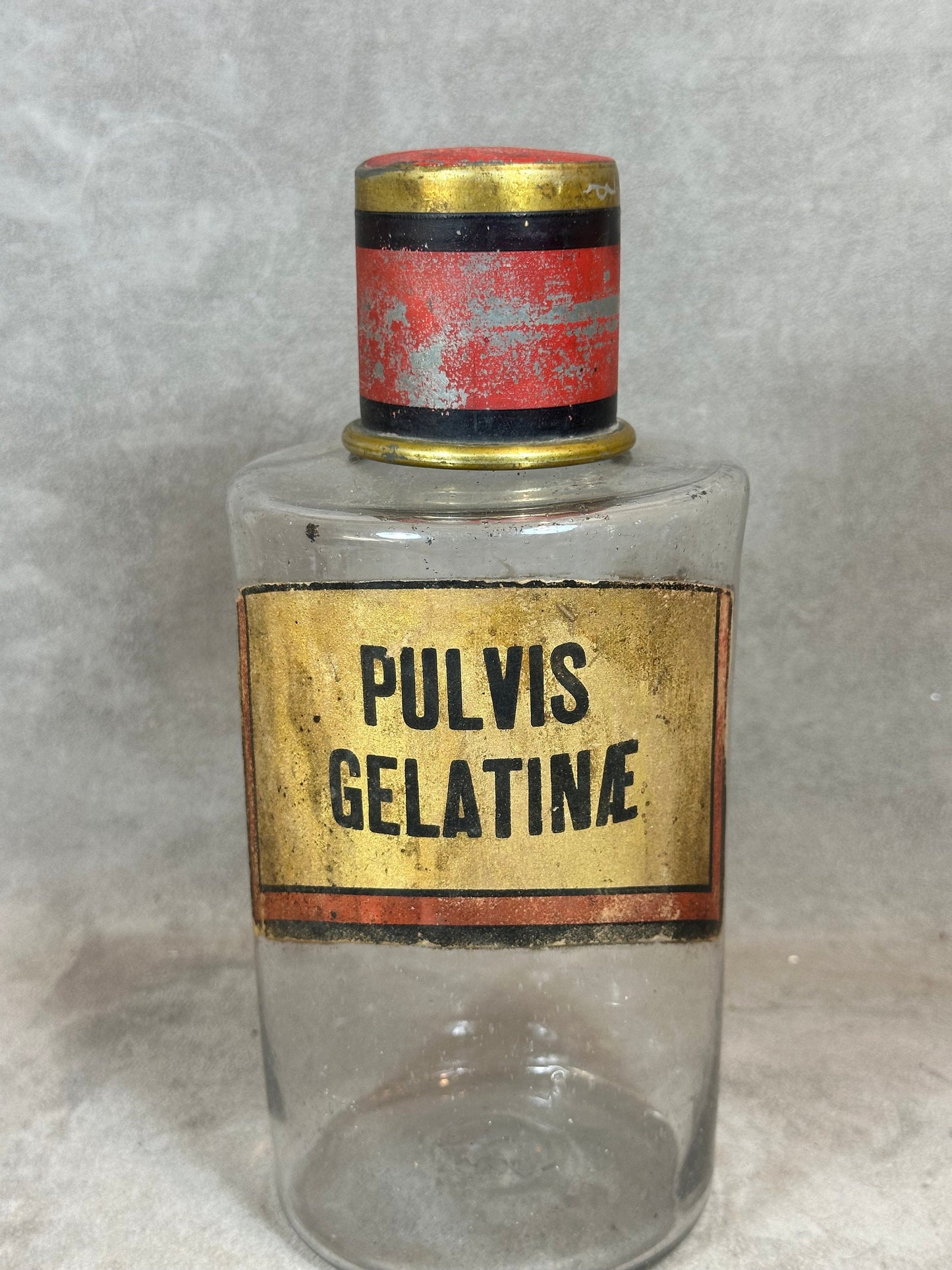 RARE Pot à pharmacie ancien en verre " Pulvis Gelatinae " vintage Made in France 1900