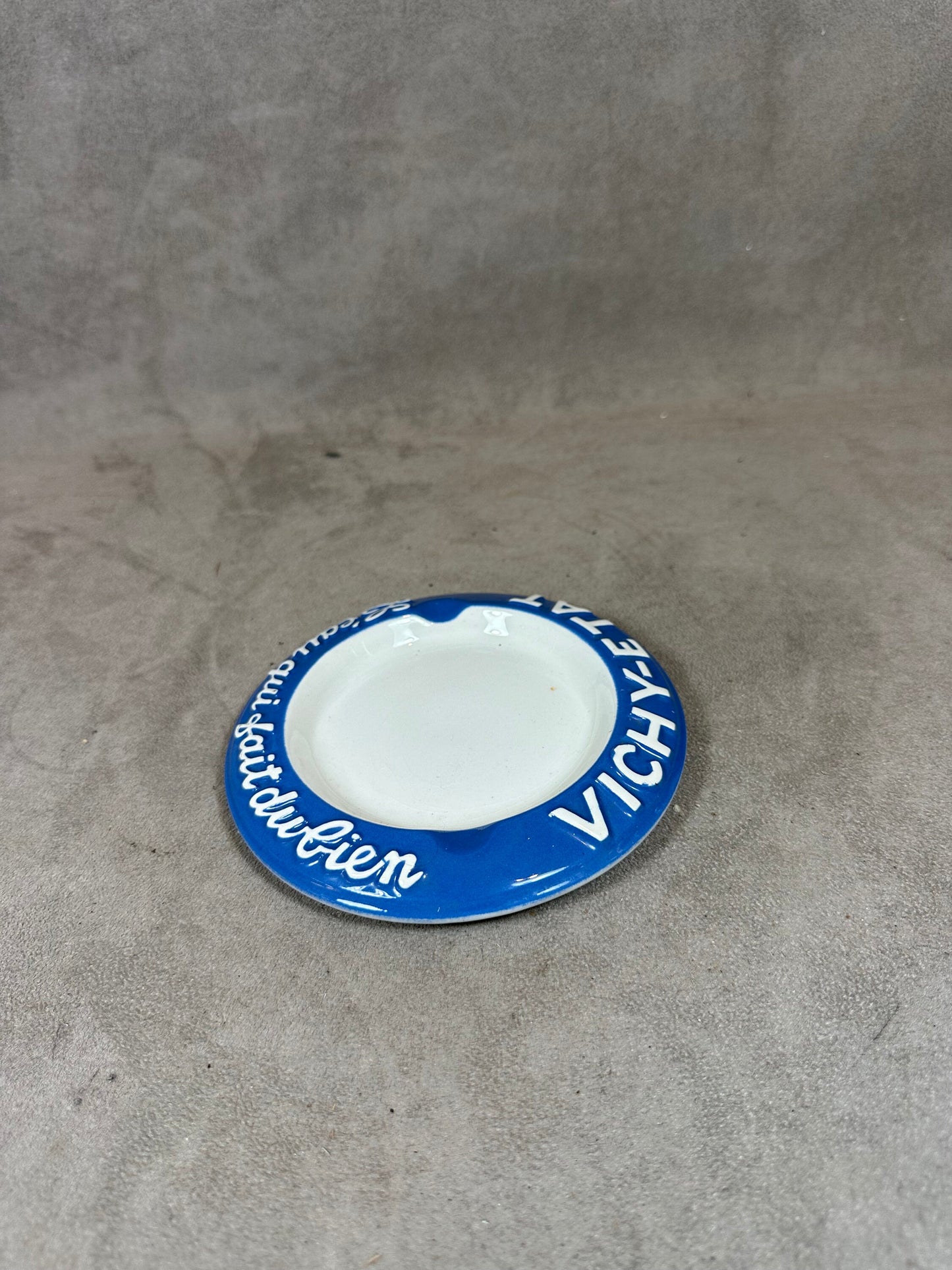 Blue and white Vichy earthenware ashtray, Vichy Celestin vintage condition, made in France