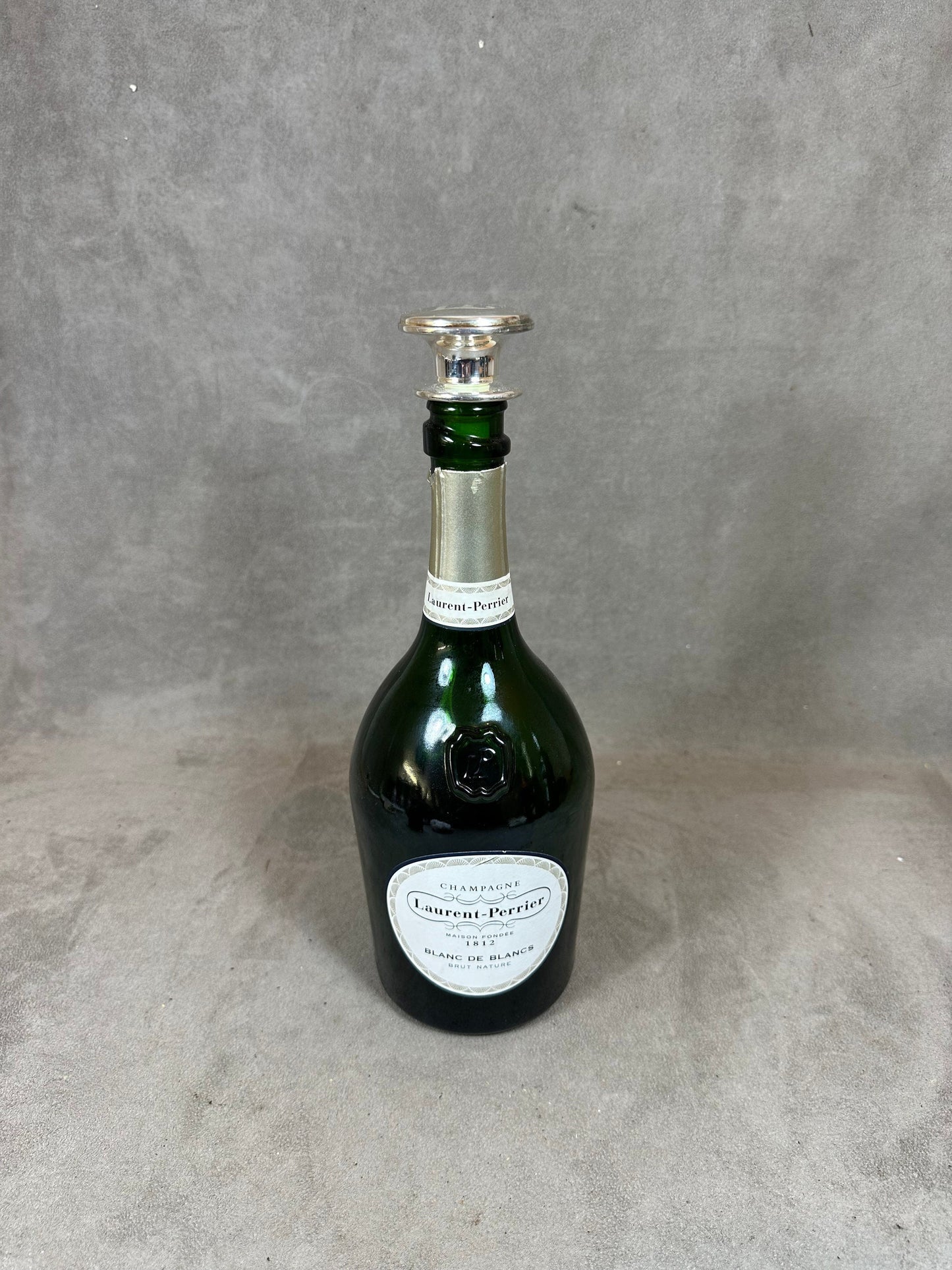 Vintage silver metal stopper for Champagne bottle Laurent-Perrier Champagne with its box Made in France 1970s