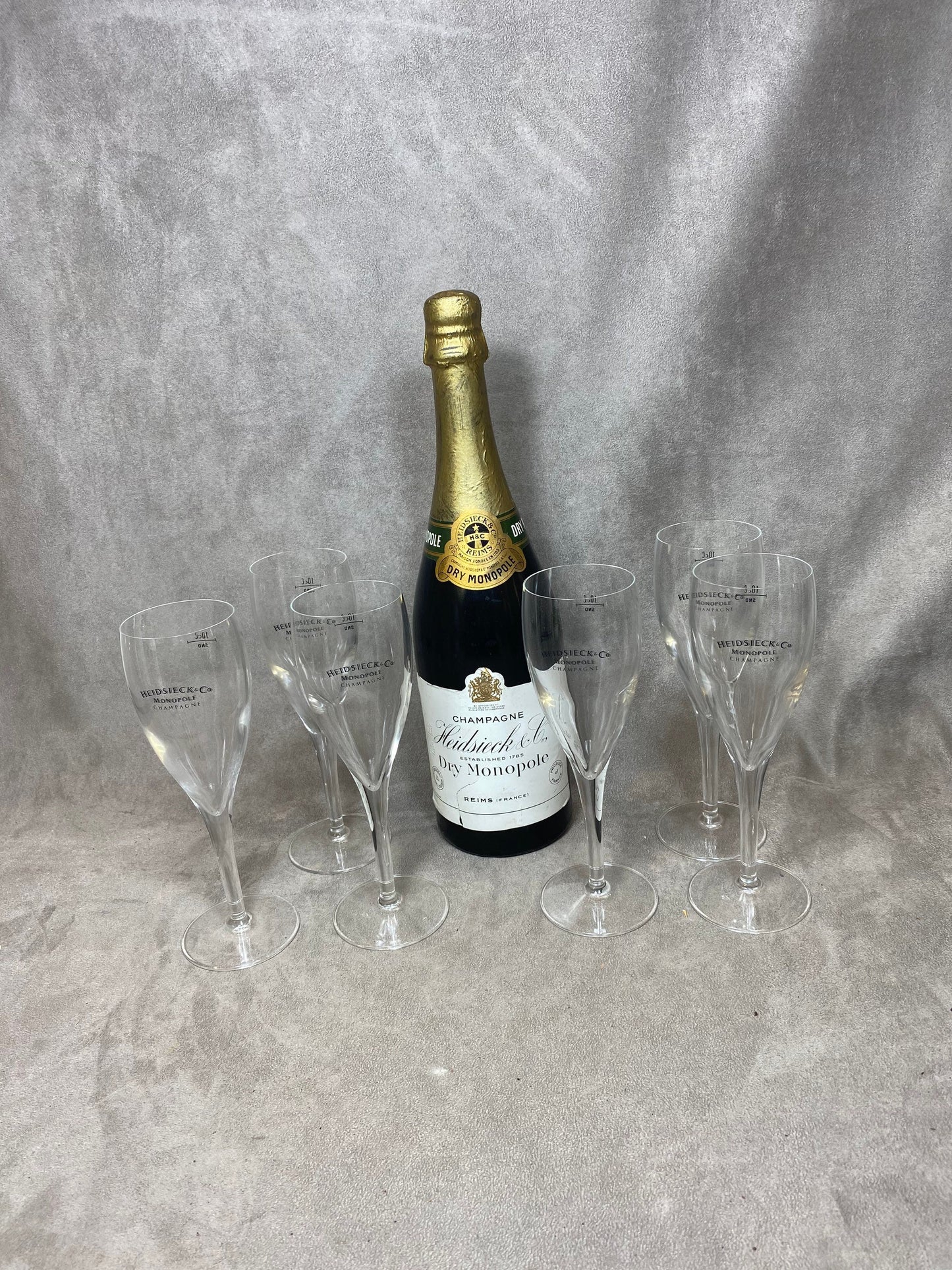 Lot de 6 flûtes à Champagne en verre Heidsieck Monopole Reims Années 1990
