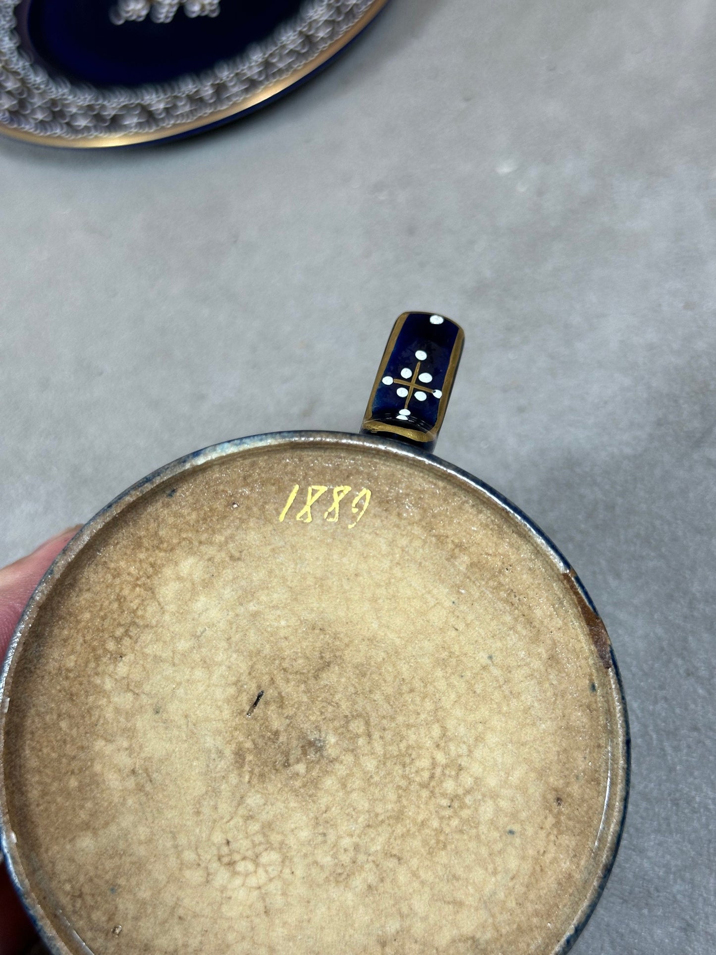 VERY RARE Cup and saucer in old earthenware cobalt blue kiln blue gold highlights with white enamel 1889 Made in France