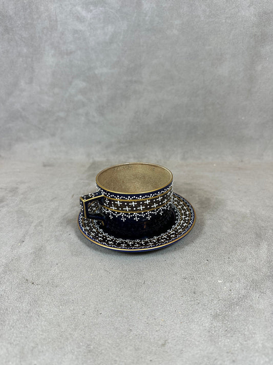 VERY RARE Cup and saucer in old earthenware cobalt blue kiln blue gold highlights with white enamel 1889 Made in France