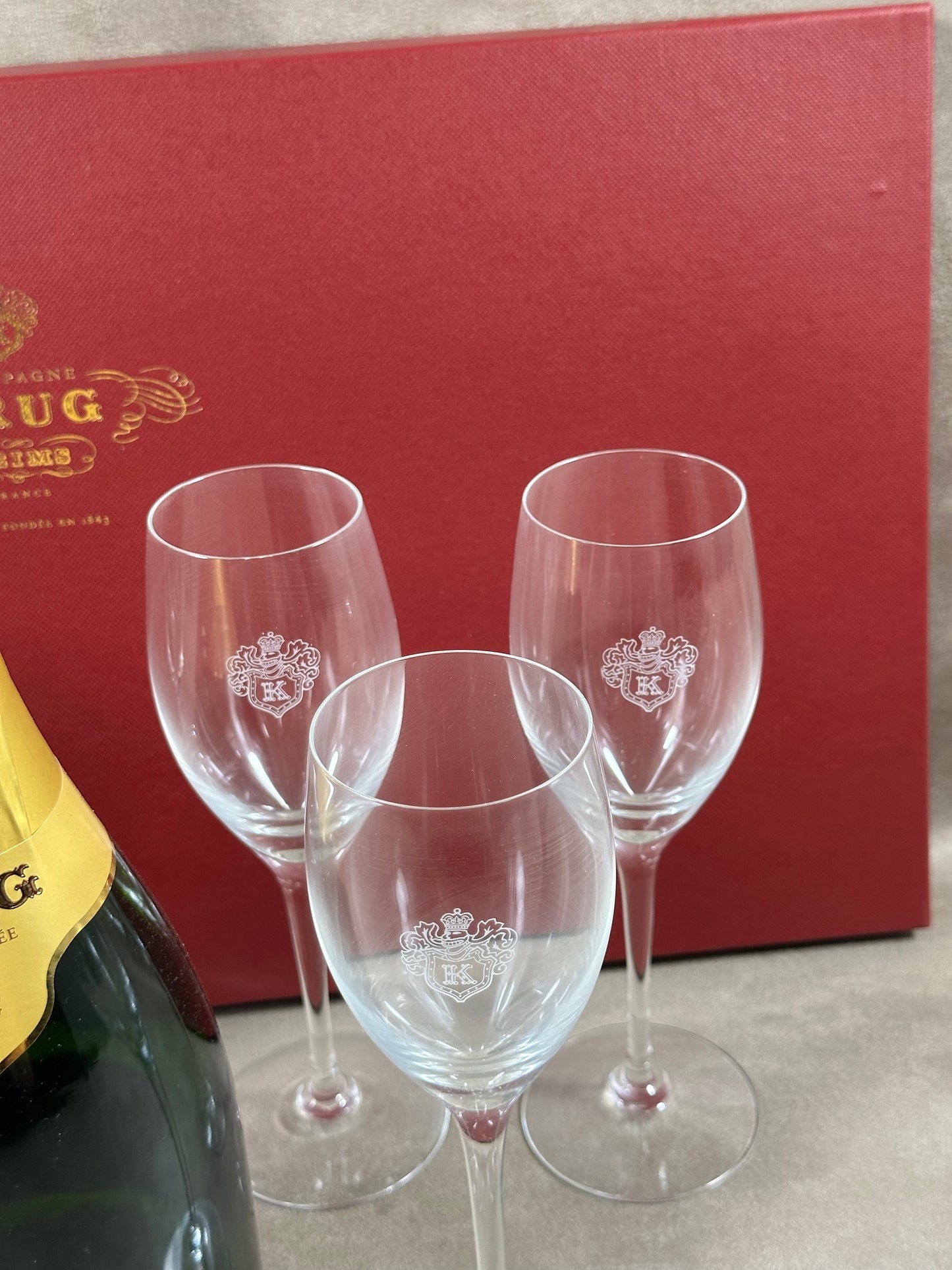 VERY RARE Lot de 6 Verres KRUG Gravés | Coffret Original | Verres à Champagne Vintage Reims | Barware Luxe Collection