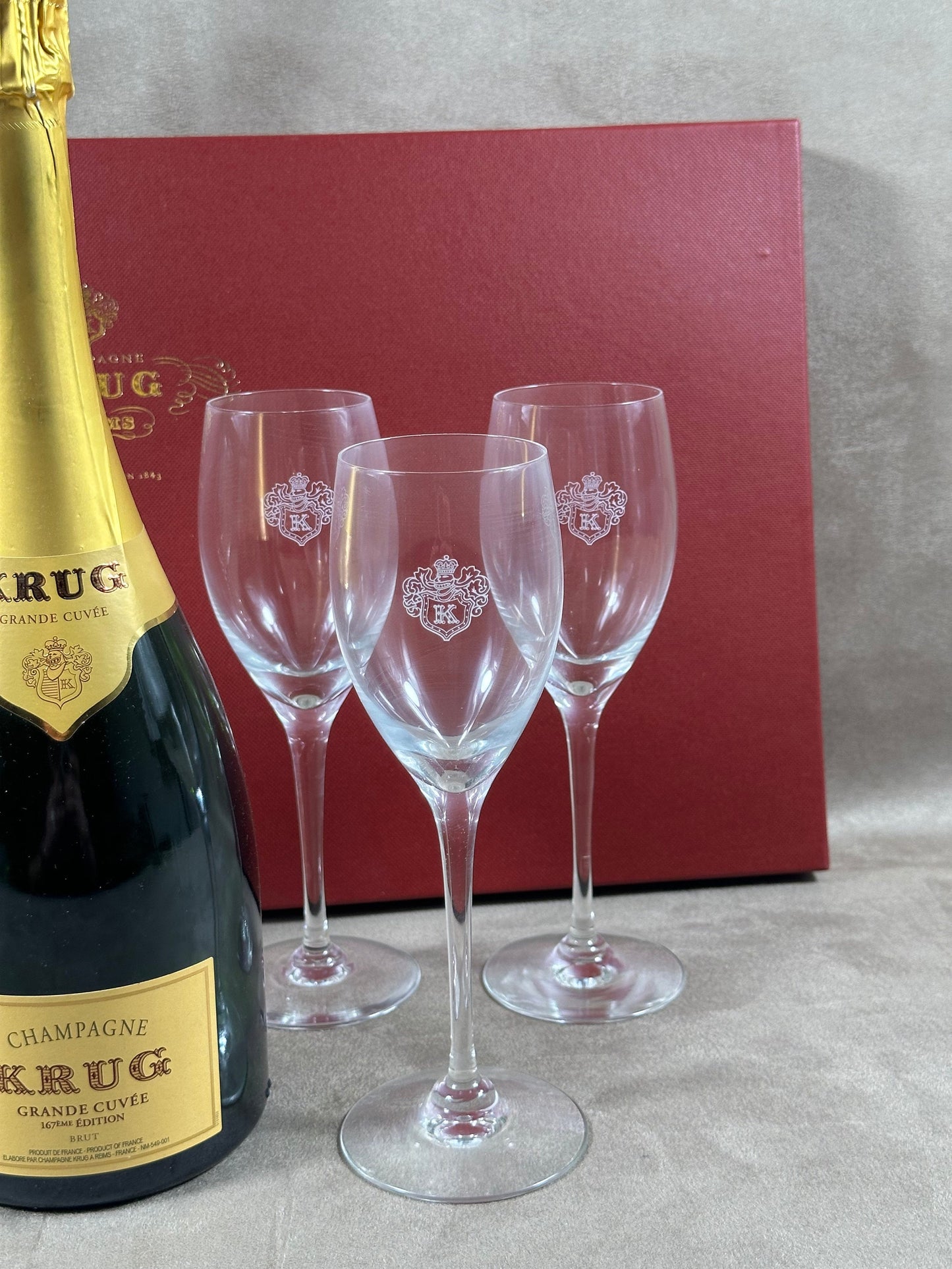 VERY RARE Lot de 6 Verres KRUG Gravés | Coffret Original | Verres à Champagne Vintage Reims | Barware Luxe Collection