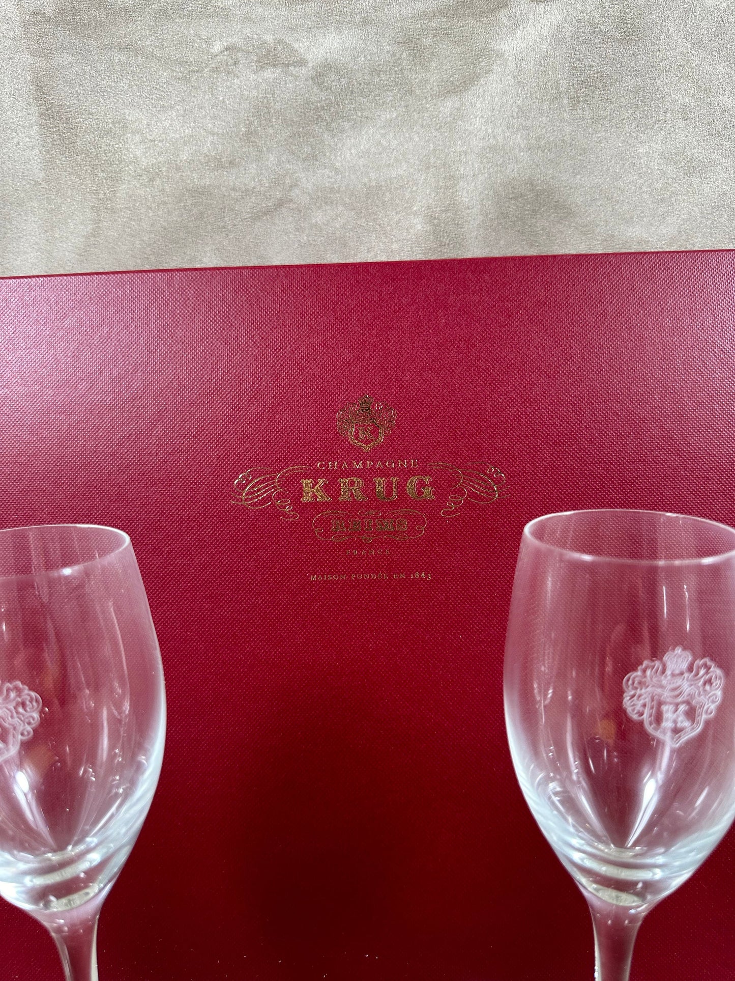 VERY RARE Lot de 6 Verres KRUG Gravés | Coffret Original | Verres à Champagne Vintage Reims | Barware Luxe Collection