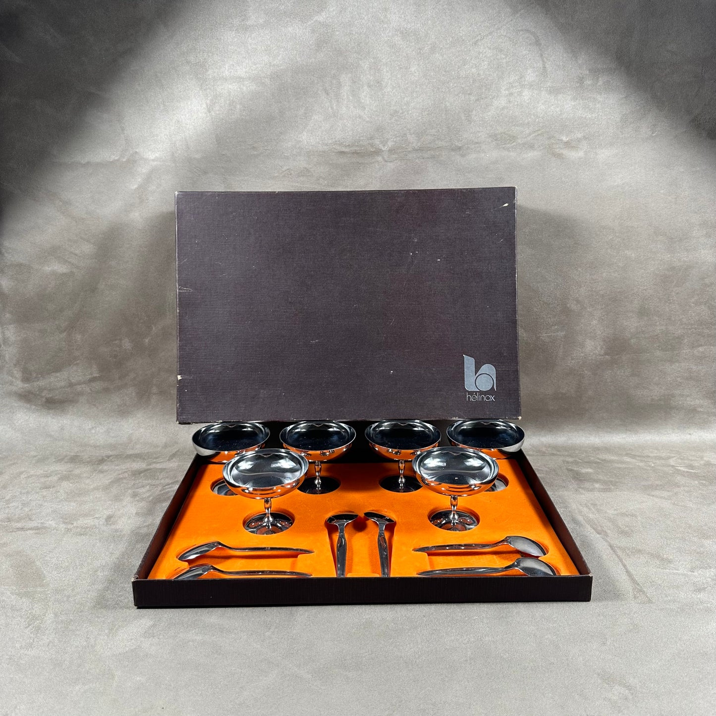 Set of 6 ice cream cups with 6 Helinox spoons in 18/10 vintage stainless steel Made in France