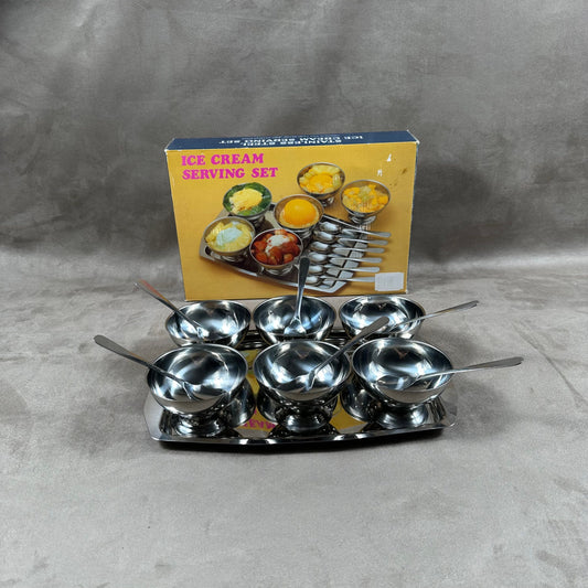 Set of 6 ice cream cups with 6 spoons and tray in 18/10 stainless steel vintage Made in France