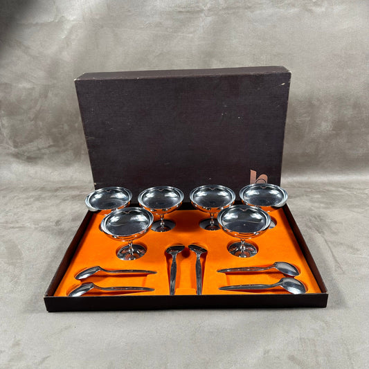 Set of 6 ice cream cups with 6 Helinox spoons in 18/10 vintage stainless steel Made in France