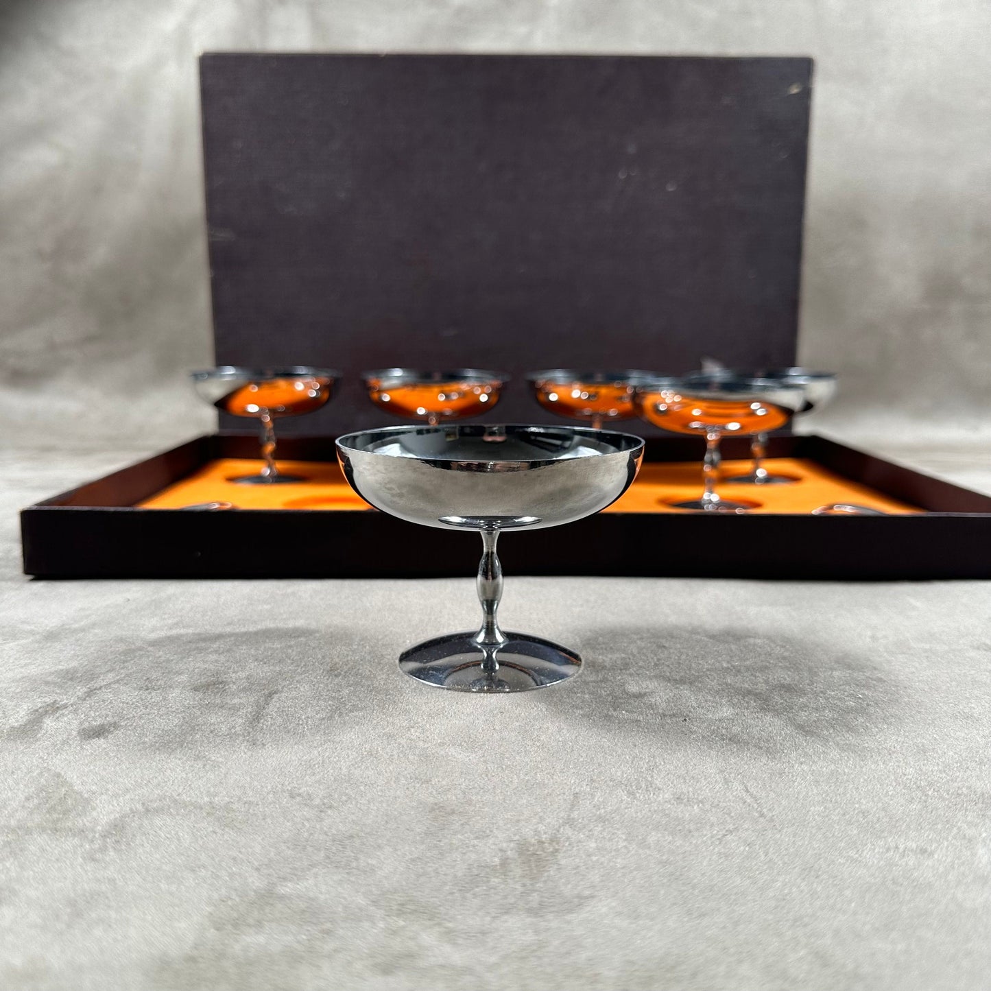 Set of 6 ice cream cups with 6 Helinox spoons in 18/10 vintage stainless steel Made in France