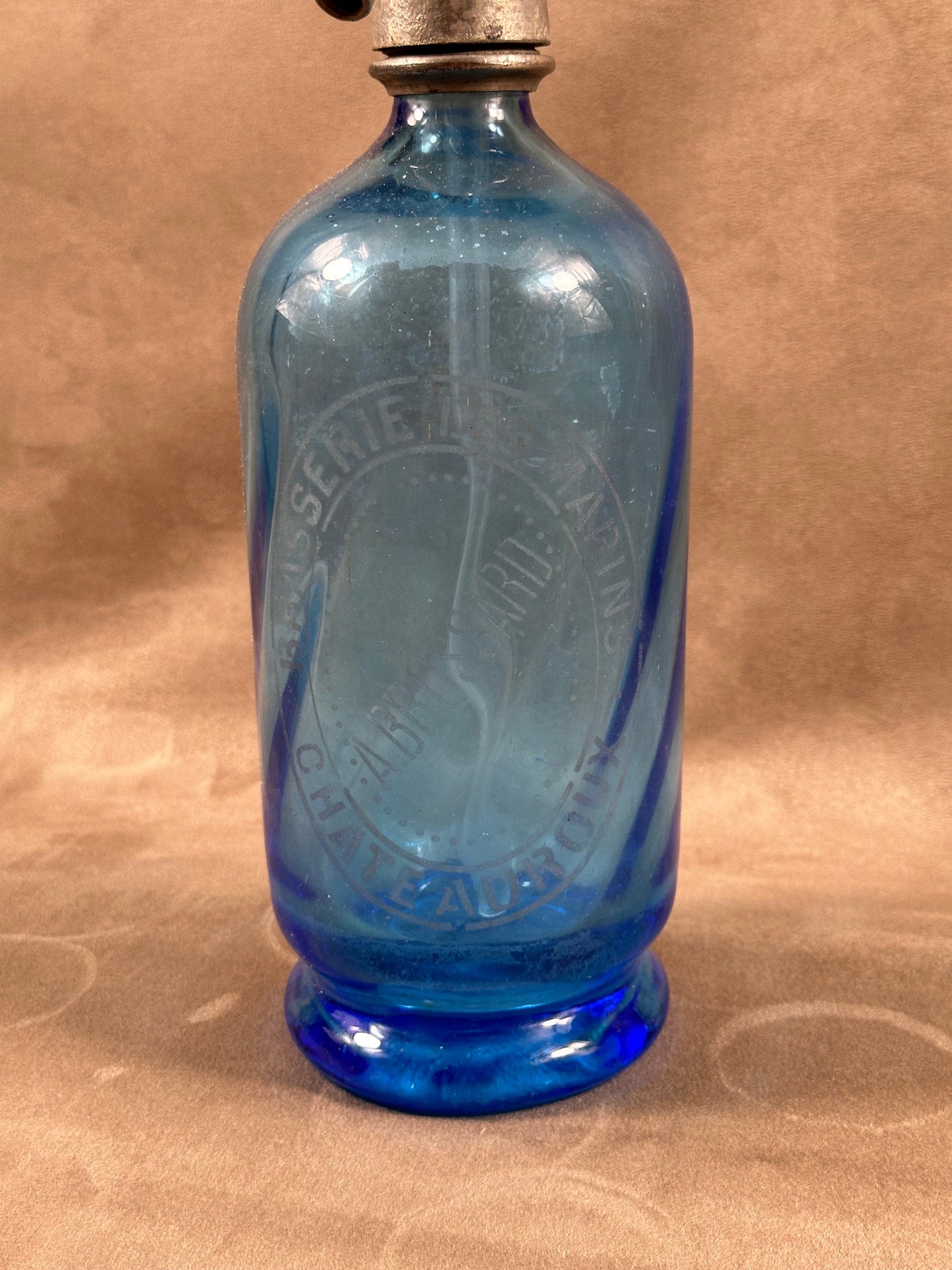 RARE Siphon à eau de seltz vintage en verre bleu Gazo-Siphon etain sans plomb  Made in France 1920