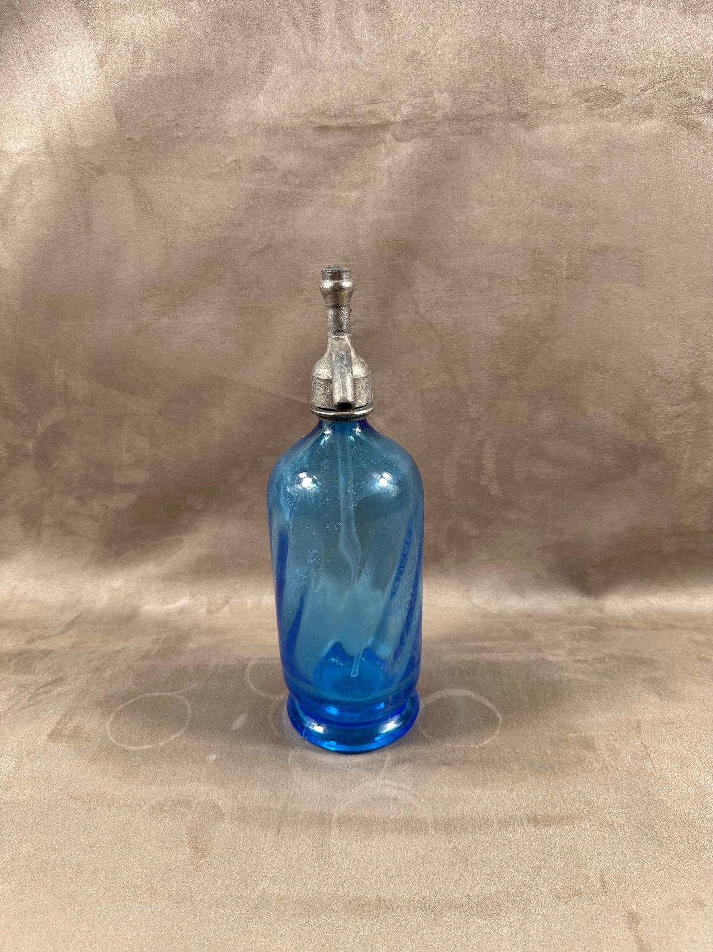 RARE Siphon à eau de seltz vintage en verre bleu Gazo-Siphon etain sans plomb  Made in France 1920