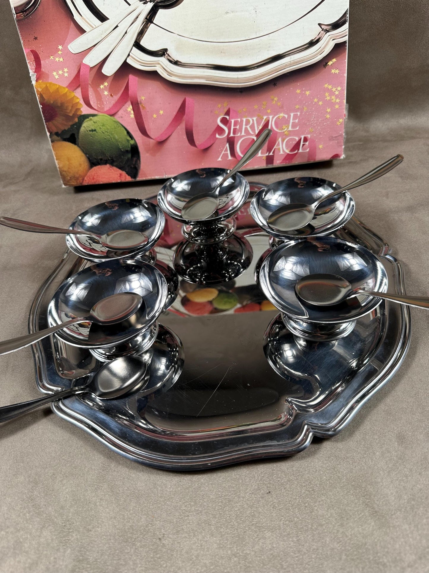 Set of 6 ice cream cups with 6 spoons and tray in 18/10 stainless steel vintage Made in France