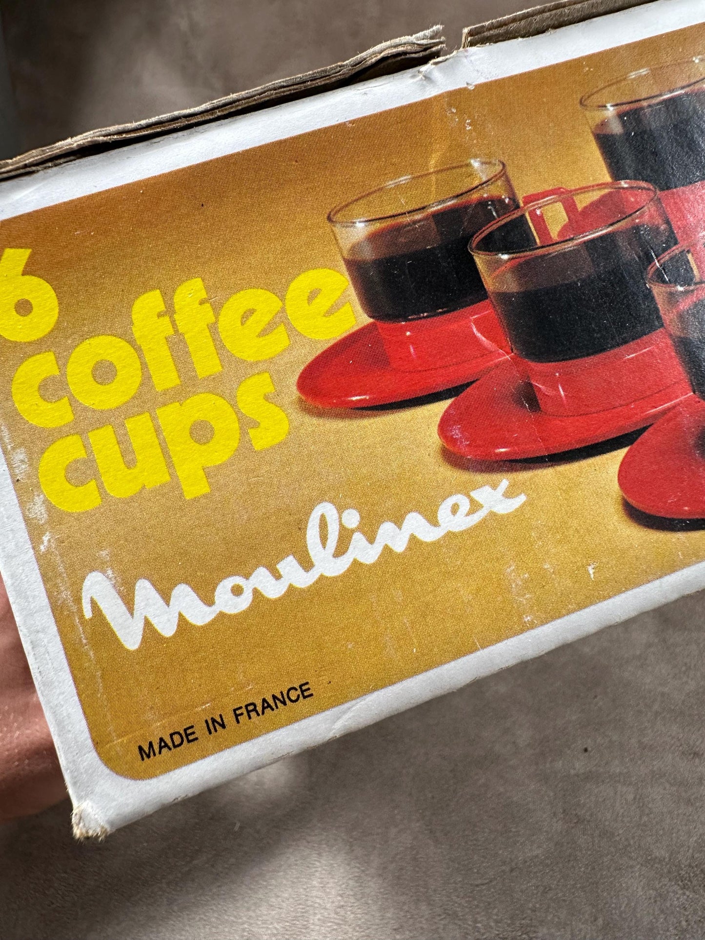 Set of 6 Moulinex coffee cups in glass and red plastic with original vintage box Made in France