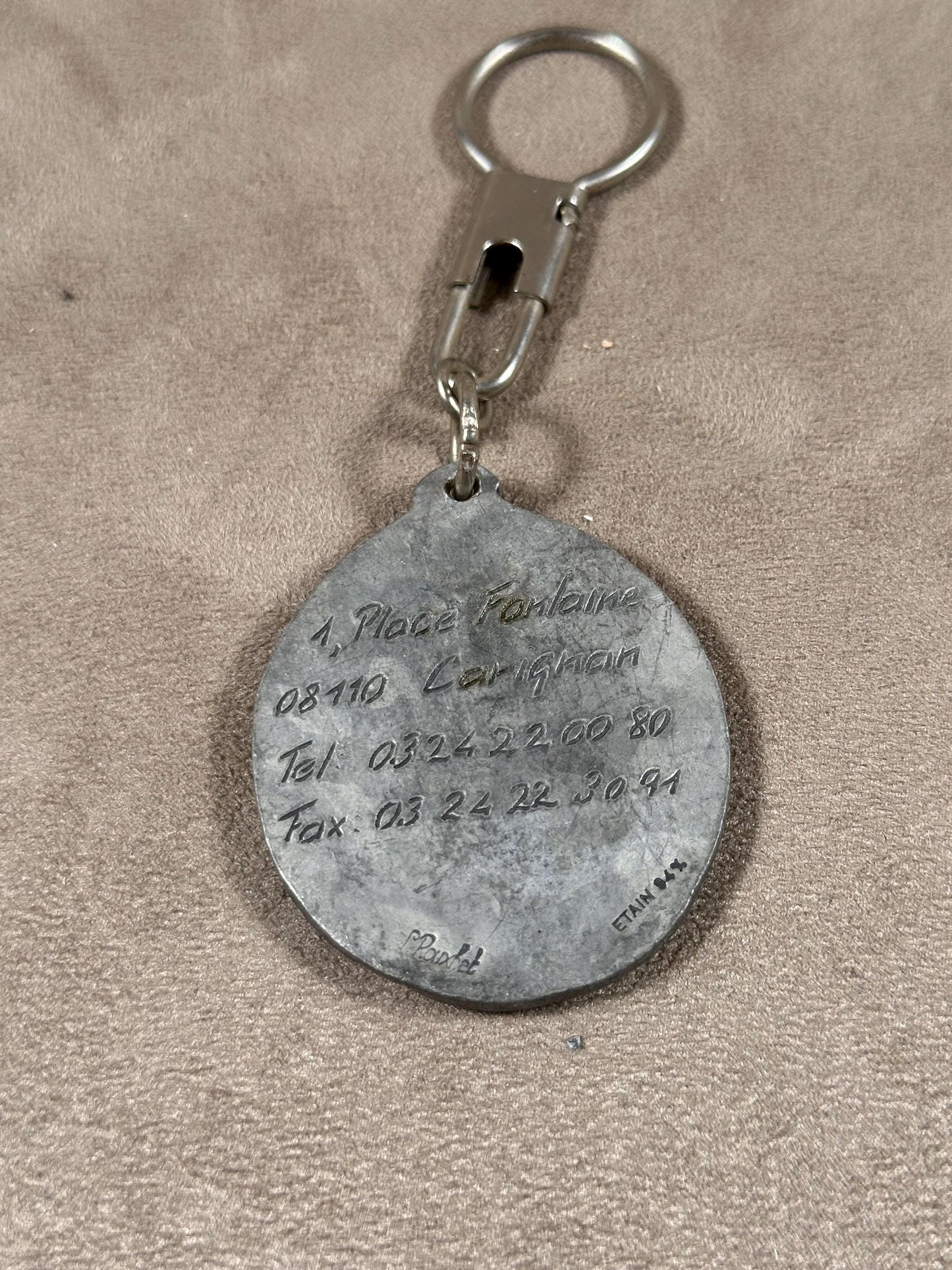 Advertising Pewter Keyring by Rouxhet, Hotel Restaurant Le Grand Cerf, Made in France, Vintage 1970